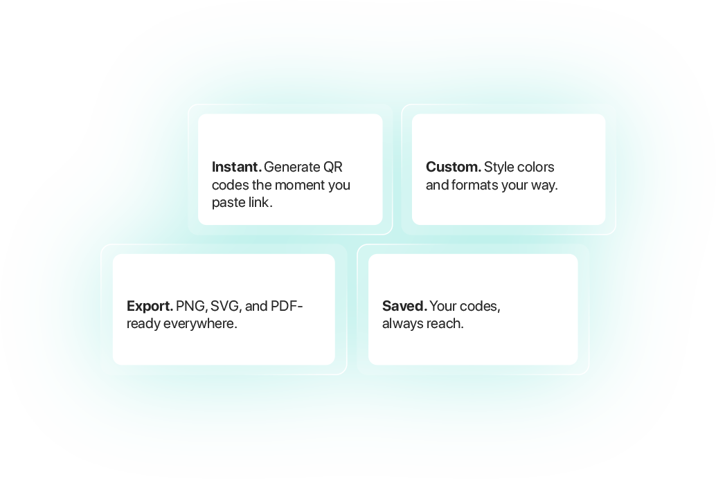 QRDev features — Generate, Library, and export options in the app