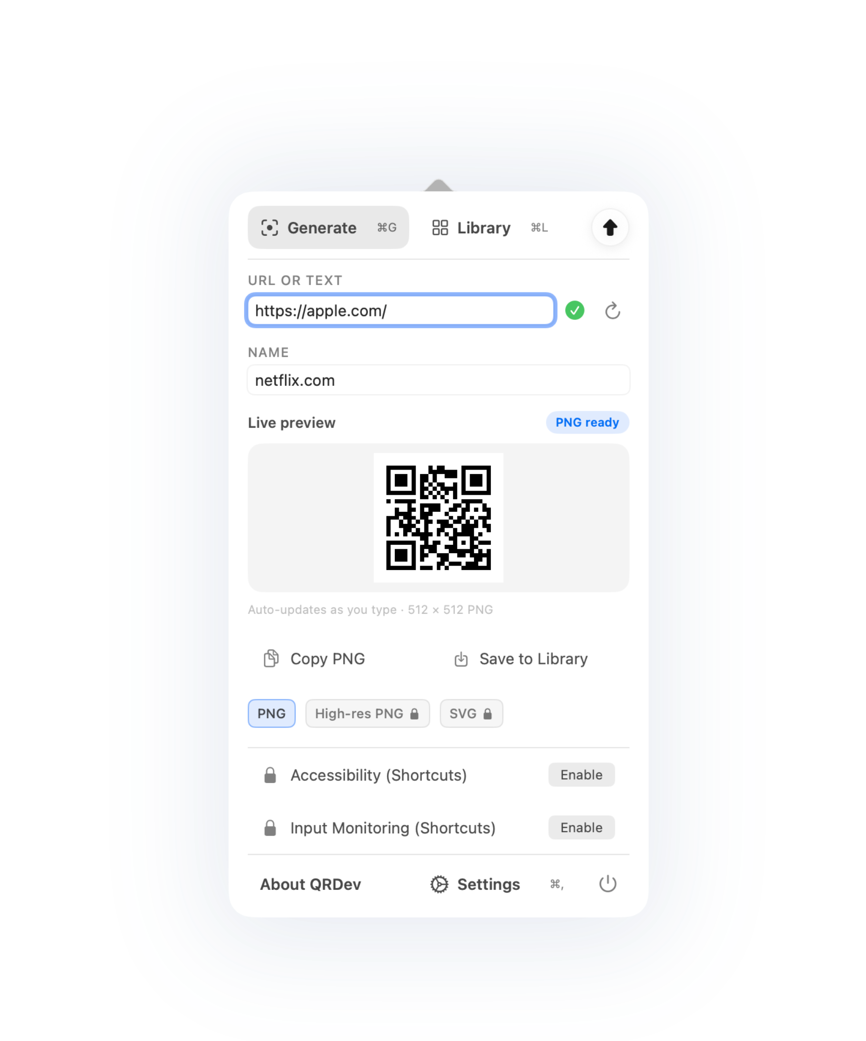 QRDev menu bar popover with URL field and QR preview