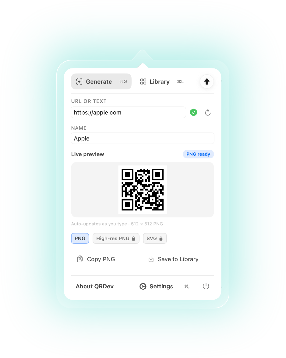 QRDev menu bar popover with URL field and QR preview